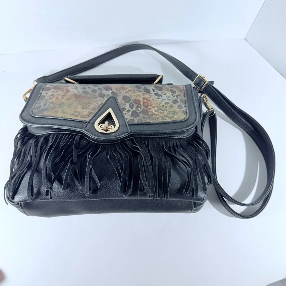 Femina Fringe Leopard Print Black Handbag Gold Interior Detachable Strap - Picture 8 of 16